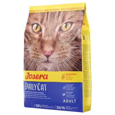 Josera DailyCat, alimento per gatti senza cereali con extra pollame. Made in Germany, facilmente digeribile, anti-boli di pelo, per gatti adulti. Proteine/grassi: 33/16.