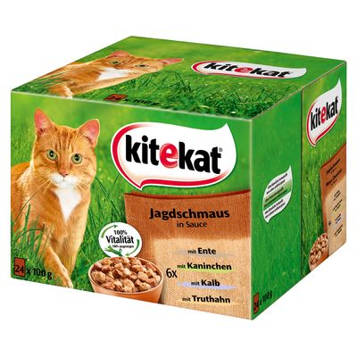 Kitekat Jagdschmaus in Sauce, 24 x 100 g. 100 % Vitalität. Indeholder varianter: med and, kanin, kalv og kalkun. Synlig skål med foderstykker foran på pakken.