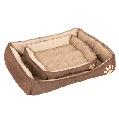 Deux paniers pour animaux rectangulaires, marron et beige, avec motif patte sur le côté, un petit panier placé à l'intérieur d'un plus grand.