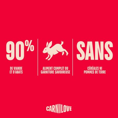 90 % de viande et d'abats, aliment complet ou savoureuse garniture, sans céréales ni pommes de terre. Carnilove.