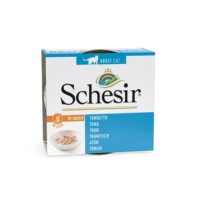 Schesir Adult Cat tonno in salsa, senza cereali. Confezione con immagine del prodotto e descrizione multilingue. Schesir Adult Cat tonno in salsa, senza cereali. Confezione con immagine del prodotto e descrizione multilingue.