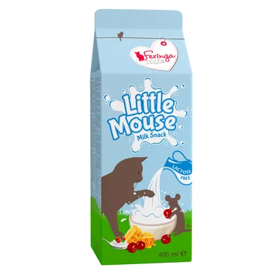 Feringa Little Mouse Milk Snack, lactose free, 400 ml. Illustration af kat og mus ved skål med mælk, vafler og bær. Synlig tekst: 'Milk Snack', 'Lactose Free'.