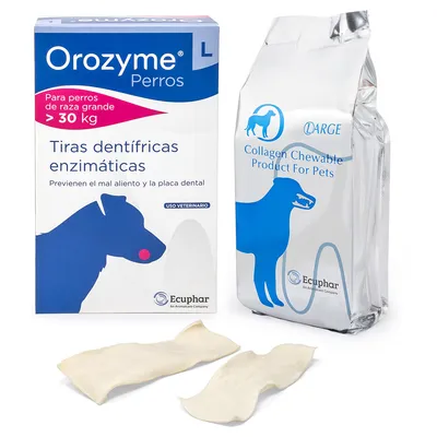 Orozyme Perros enzymatische tandreinigingsstrips voor honden boven 30 kg. Voorkomt slechte adem en tandplak. Collageen kauwproduct voor huisdieren, maat Large. Fabrikant: Ecuphar.