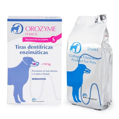 Orozyme Perros Tiras dentífricas enzimáticas <10 kg, Small Collagen Chewable Product For Pets csomagolás, kék kutya sziluettel, ecuphar márka Orozyme Perros Tiras dentífricas enzimáticas <10 kg, Small Collagen Chewable Product For Pets csomagolás, kék kutya sziluettel, ecuphar márka
