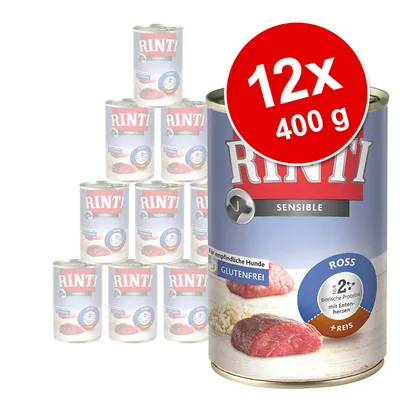 Set 12 conserve Rinti Sensible Ross + Reis, 400 g fiecare. Text vizibil: Glutenfrei, pentru câini sensibili, 2% proteine animale cu inimă de rață. Ambalaj albastru cu imagine carne și orez.