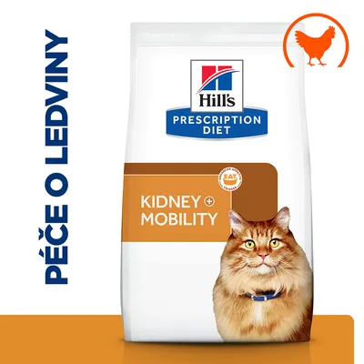 Hill's Prescription Diet Kidney + Mobility krmivo pre mačky, nápis v češtine: Péče o ledviny, obrázok mačky a oranžová silueta sliepky. Hill's Prescription Diet Kidney + Mobility krmivo pre mačky, nápis v češtine: Péče o ledviny, obrázok mačky a oranžová silueta sliepky.
