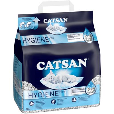 NON-CLUMPING LITTER, HYGIENE Plus. Image of a droplet and a porous white substance.