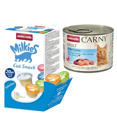animonda Kombi-Paket: 12 x 200 g Carny Adult + 20 x 15 g Milkies Selection - Huhn & Lachs + Milkies Snack (4 Sorten)