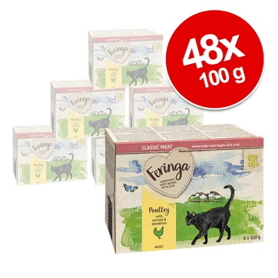 Feringa Classic Meat, volaille avec carottes et pissenlit, pour chat adulte, lot de 48 x 100 g. Texte visible : grain free recipe, 6 x 100 g par boîte.