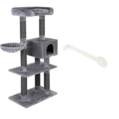 Arbre à chat gris avec trois plateformes, un panier suspendu rond, une niche carrée fermée sur trois côtés et plusieurs poteaux recouverts de corde pour griffer.