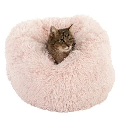 Chat assis dans un panier rond en tissu duveteux rose clair, bords hauts et rembourrés visibles.