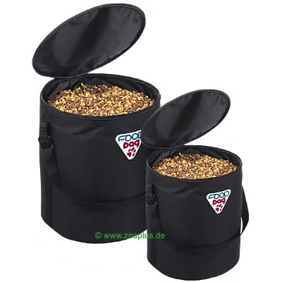 Two black storage containers with open lids, both filled with dry pet food. Each container has a handle and a visible label reading 'FOOD dog' with paw prints.