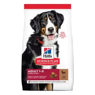 Hill's Science Plan Adult 1–5 Large 25 kg+, Land & Rice, balení s obrázkem psa. Viditelný text: Supports immunity, healthy joints and lean muscles in adult dogs. Hill's Science Plan Adult 1–5 Large 25 kg+, Land & Rice, balení s obrázkem psa. Viditelný text: Supports immunity, healthy joints and lean muscles in adult dogs.