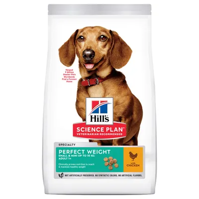 Hill's Science Plan Perfect Weight Small & Mini până la 10 kg Adult cu pui. Nutriție dovedită clinic pentru greutate sănătoasă. Fără conservanți, coloranți sau arome artificiale.