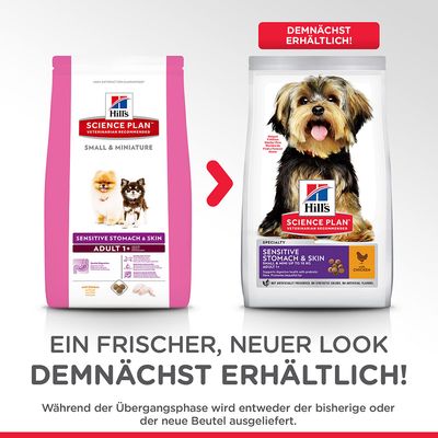 Hill's Science Plan Sensitive Stomach & Skin Small & Miniature Adult 1+ koiranruoan vanha ja uusi pakkaus, teksti: Ein frischer, neuer Look. Demnächst erhältlich! (saksa).