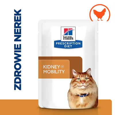 Hill's Prescription Diet Kidney + Mobility, opakowanie karmy dla kota z wizerunkiem kota, tekst: ZDROWIE NEREK, symbol kurczaka w pomarańczowym kółku.