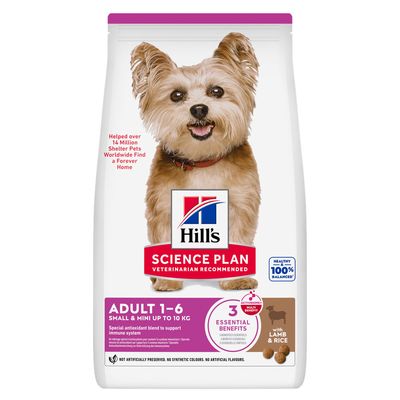 Hill's Science Plan Adult 1-6 Small & Mini upp till 10 kg med lamm och ris. Speciell antioxidantblandning för att stödja immunförsvaret hos små vuxna hundar.