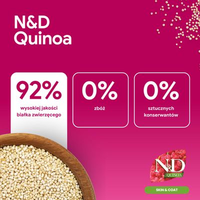 N&D Quinoa. 92% wysokiej jakości białka zwierzęcego, 0% zboż, 0% sztucznych konserwantów. Skóra i sierść.