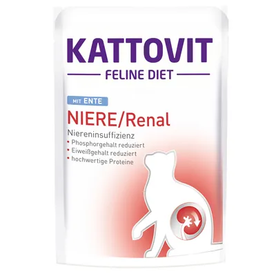 Kattovit Feline Diet NIERE/Renal mit Ente. Niereninsuffizienz, Phosphorgehalt reduziert, Eiweißgehalt reduziert, hochwertige Proteine. Текстът е на немски език.