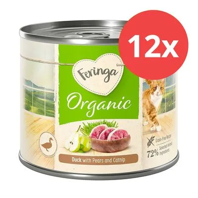 Feringa Organic, Duck with Pears and Catnip, 72 % Selected Animal Ingredients, 12x. Texte en anglais sur l’emballage. Image d’un chat et d’une poire visibles sur la boîte.