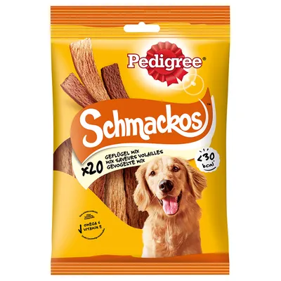 Pedigree Schmackos x20, mix smaków drobiowych, mniej niż 30 kcal na sztukę, omega E i witamina E. Opakowanie z widocznymi paskami przysmaków. Pedigree Schmackos x20, mix smaków drobiowych, mniej niż 30 kcal na sztukę, omega E i witamina E. Opakowanie z widocznymi paskami przysmaków.