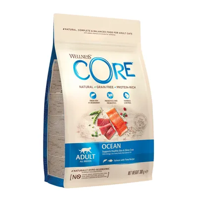 Wellness CORE Ocean adult food, natural, grain free, protein-rich, with fresh fish as main ingredient, prebiotics and probiotics, hairball control, hypo-allergenic, 300g pack. Wellness CORE Ocean adult food, natural, grain free, protein-rich, with fresh fish as main ingredient, prebiotics and probiotics, hairball control, hypo-allergenic, 300g pack.