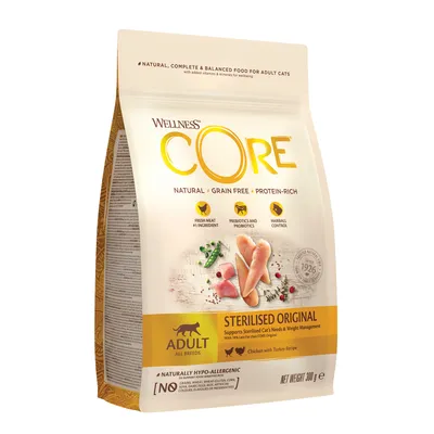 Wellness CORE Sterilised Original, natural grain free protein-rich food for adult cats. Features fresh meat as main ingredient, prebiotics and probiotics, and hairball control.
