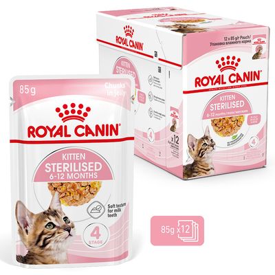 Royal Canin Kitten Sterilised 6-12 Months, 12 x 85g pouches, chunks in jelly, soft texture for milk teeth, stage 4.