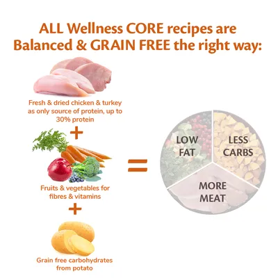 Tekst w języku angielskim: ALL Wellness CORE recipes are Balanced & GRAIN FREE the right way. Składniki: kurczak, indyk, warzywa, owoce, ziemniaki. Wykres: MORE MEAT, LOW FAT, LESS CARBS.