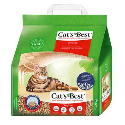 Cat's Best Original 100% Pflanzliche Streu – Organic litter, klumpströ, 4,3 kg. Text: Aktiv gegen Urin und Gerüche. Bild på katt och pellets. Nr.1 Europas Öko-Katzenstreu. Cat's Best Original 100% Pflanzliche Streu – Organic litter, klumpströ, 4,3 kg. Text: Aktiv gegen Urin und Gerüche. Bild på katt och pellets. Nr.1 Europas Öko-Katzenstreu.