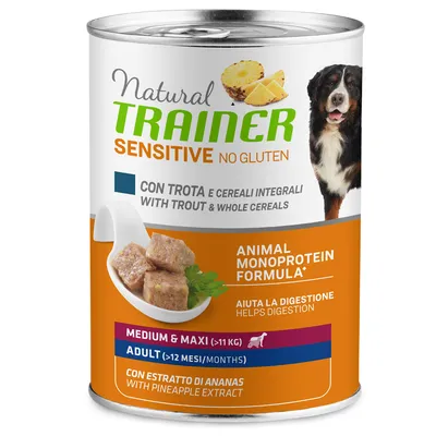 Natural Trainer Sensitive No Gluten. Cu păstrăv și cereale integrale, formulă monoproteică, extract de ananas. Pentru câini adulți de talie medie și mare de peste 12 luni (>11 kg).