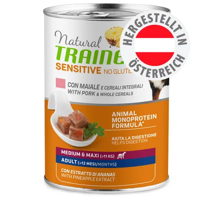 Conservă Natural Trainer Sensitive no gluten, cu porc și cereale integrale, formulă monoproteică animală, pentru câini adulți >11 kg, cu extract de ananas. Text german: Hergestellt in Österreich.