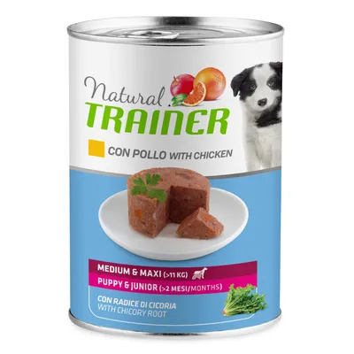 Natural Trainer conservă pentru câini cu pui, potrivită pentru câini de talie medie și mare (>11 kg) și pentru pui & juniori (>2 luni), conține rădăcină de cicoare.