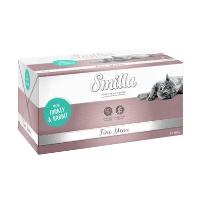 Boîte Smilla Fine Menu pour chat, avec dinde et lapin, contient de la taurine, recette sans céréales, 8 x 100 g. Texte en anglais : with turkey & rabbit, contains taurine, grain-free recipe.