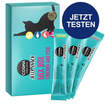 Cosma Jelly Snack Mix Box mit Chicken und Fish, getreidefreie Rezeptur. Jetzt testen.
