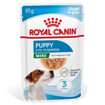 ROYAL CANIN Puppy Mini, 85g, for puppies from 2 to 10 months, adult weight up to 10kg, chunks in gravy, soft texture for baby teeth, 3 stages.