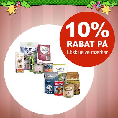 10 % rabat på eksklusive mærker. Produkter fra Tigerino, Concept for Life, Wolf Wilderness, Purizon, Rocco, Briantos, Smilla, Lukullus, My Star og flere vises.