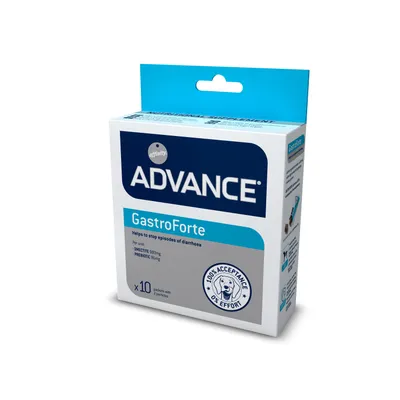 ADVANCE GastroForte, 10 annospussia. Teksti: Helps to stop episodes of diarrhoea. S-MECTITE 900 mg, PREBIOTIC 80 mg. 100% ACCEPTANCE 0% EFFORT -merkki pakkauksessa.