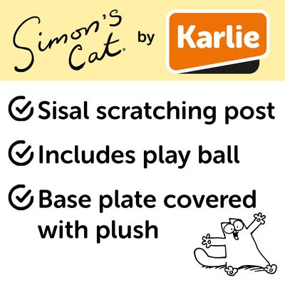 Arbre à chat Simon’s Cat avec poteau en sisal, base carrée verte, balle suspendue et illustration de chat, texte visible : Simon’s Cat.