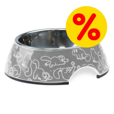 Ciotola in metallo con disegni di gatti bianchi su sfondo grigio, simbolo percentuale rosso su cerchio giallo che indica offerta o sconto visibile sull'immagine. Ciotola in metallo con disegni di gatti bianchi su sfondo grigio, simbolo percentuale rosso su cerchio giallo che indica offerta o sconto visibile sull'immagine.