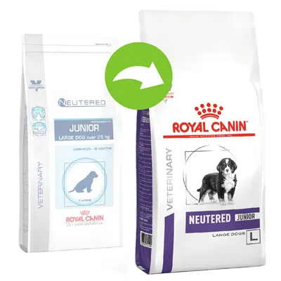 Royal Canin Neutered Junior Large Dogs -koiranruokapakkaus, näkyvissä vanha ja uusi pakkaus, tekstit: NEUTERED JUNIOR LARGE DOGS, kuva isosta koirasta, vihreä nuoli vaihtoa osoittamassa.