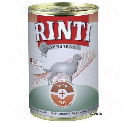 Conservă Rinti Sensible pentru câini, text vizibil: 100% AUSGEWÄHLTES FLEISCH, LAMM + REIS, exclusiv proteine. Imagine cu silueta unui câine pe ambalaj.