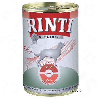 Conservă Rinti Sensible, text vizibil: 100% Schweizerland-Fleisch, Ausschliesslich mit Rind + Reis, exklusive Proteine. Imagine cu silueta unui câine pe ambalaj.