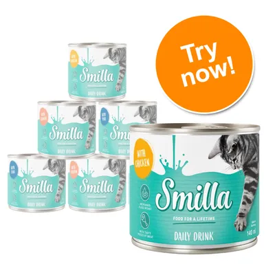 Smilla Daily Drink 140 ml cans with cat image, visible text: 'WITH CHICKEN', 'WITH TUNA', 'FOOD FOR A LIFETIME', 'INCREASED FLUID INTAKE', orange badge reads 'Try now!'. Smilla Daily Drink 140 ml cans with cat image, visible text: 'WITH CHICKEN', 'WITH TUNA', 'FOOD FOR A LIFETIME', 'INCREASED FLUID INTAKE', orange badge reads 'Try now!'.