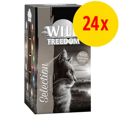 Wild Freedom Selection kissanruokapakkaus, 6 makua, 24 annosta. Teksti: 100% grain-free recipe. Wild Freedom Selection kissanruokapakkaus, 6 makua, 24 annosta. Teksti: 100% grain-free recipe.