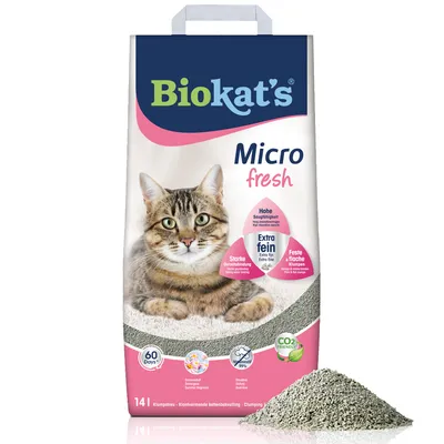 Biokat's Micro fresh Klumpstreu, hohe Saugfähigkeit, extra fein, starke Geruchsbindung, feste flache Klumpen, CO2-freundlich, 14L, hält bis zu 60 Tage.