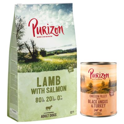 Purizon Black Angus with Turkey dla dorosłych psów, opakowanie suchej karmy i sześć puszek. Widoczny napis: Wypróbuj teraz! 80 % mięsa, 20 % warzyw, 0 % zbóż.