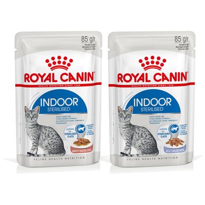 Royal Canin Instinctive, zestaw 24 x 85 g saszetek dla kotów. Widoczne opakowania z wizerunkiem kota i napisem Instinctive oraz Sterilised.