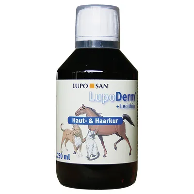 Flaska med etikett: LUPO SAN LupoDerm + Lecithin, Haut- & Haarkur, 250 ml. Illustration av hund, katt och häst på etiketten. Texten är på tyska. Flaska med etikett: LUPO SAN LupoDerm + Lecithin, Haut- & Haarkur, 250 ml. Illustration av hund, katt och häst på etiketten. Texten är på tyska.