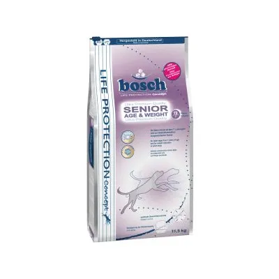 bosch SENIOR AGE & WEIGHT karma dla psów starszych, opakowanie 11,5 kg, widoczne oznaczenie Life Protection Concept oraz grafika psa na froncie.